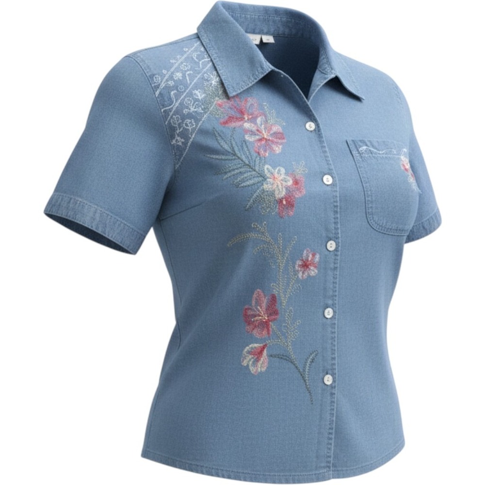 Koret City Blues Short Sleeve Floral Embroidered Top Large Blue 1958439